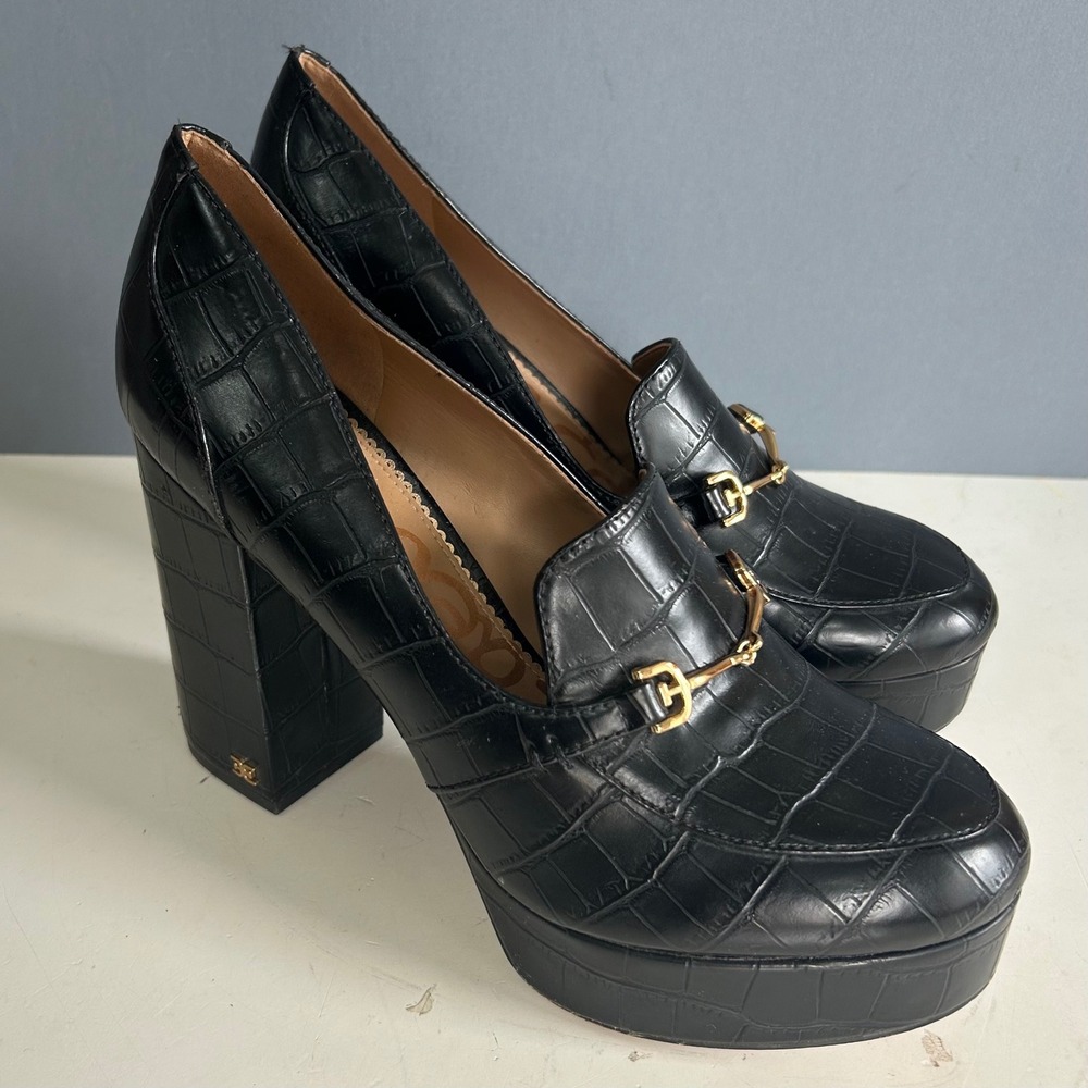 Y2K Sam Edelman Platform Heels Size 8.5 Loafer Horsebit Aretha Dark Academia - Picture 2 of 11